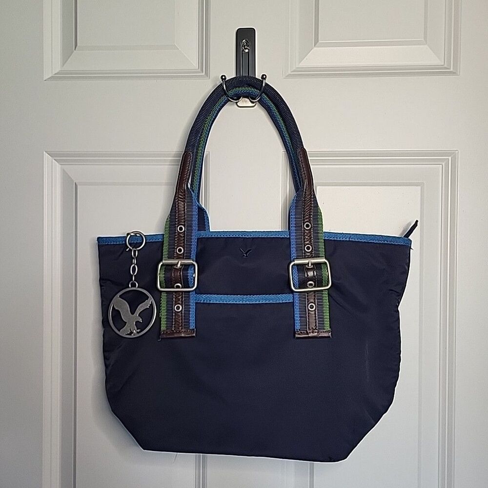 Y2K American‎ Eagle Navy Blue Buckle Tote Bag with Keychain Logo